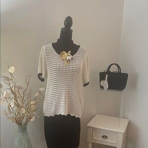 French Connection Black and Cream Crochet Top